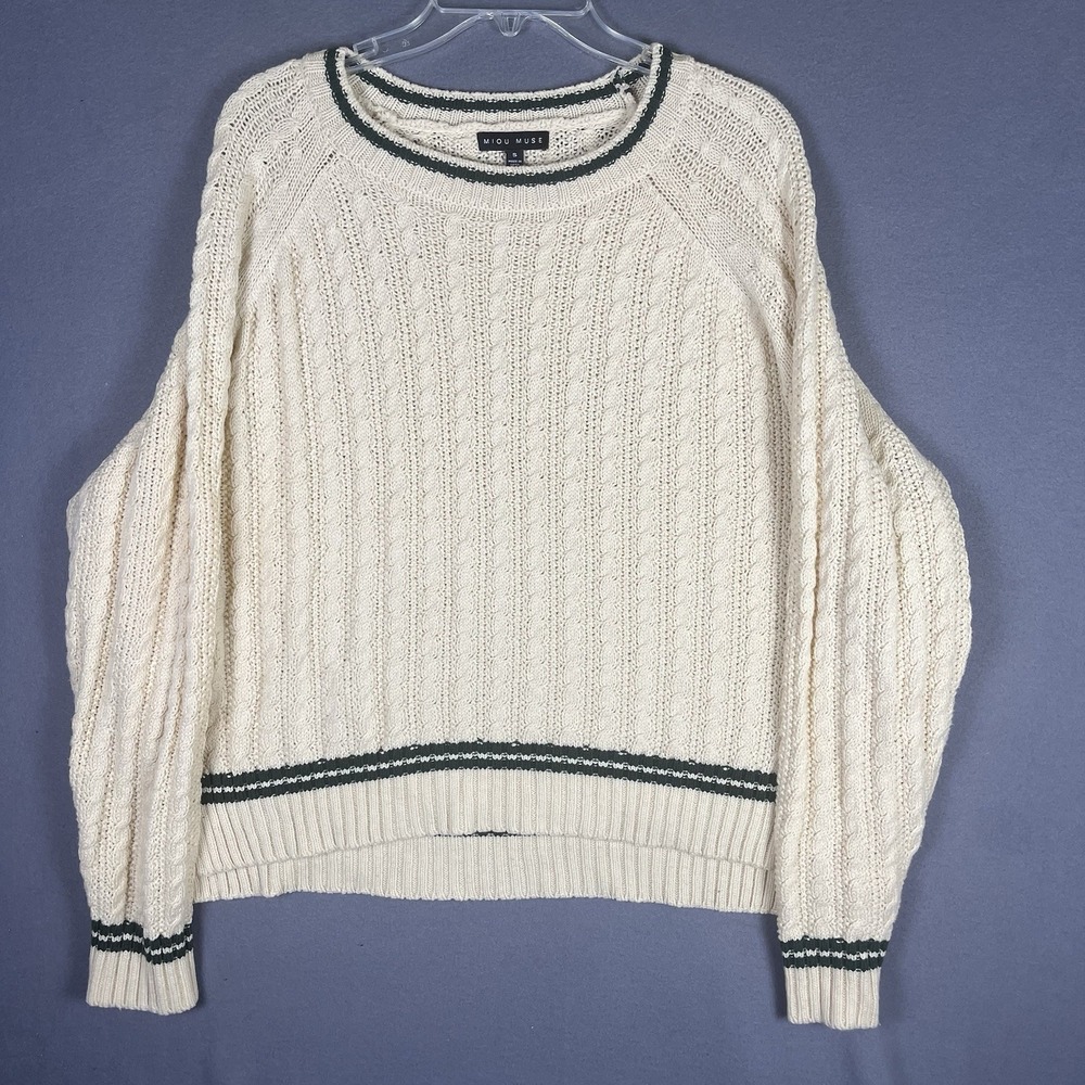 Miou Muse Lightweight Cable Knit‎ Sweater Sz S Boxy Cream Green Lining